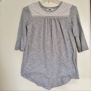 Old Navy White + Grey Striped ¾ Sleeve Top